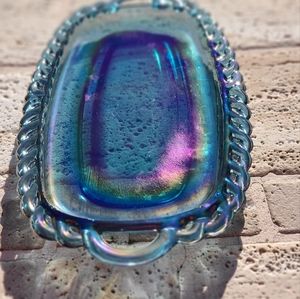 Vintage Indiana Glass Carnival Blue Butter Tray Dish Iridescent Blue Braided